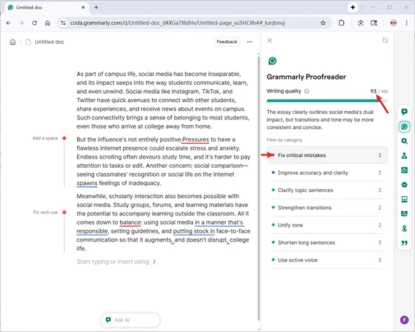 Grammarly scores the output of Humanize AI 93 Grammarly scores the output of Humanize AI 93