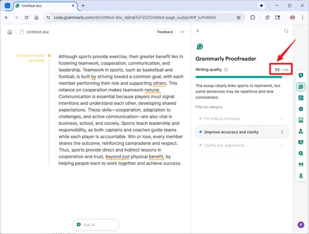 Grammarly Scoring AI Undetect AI Humanized Text Amended Version 93 