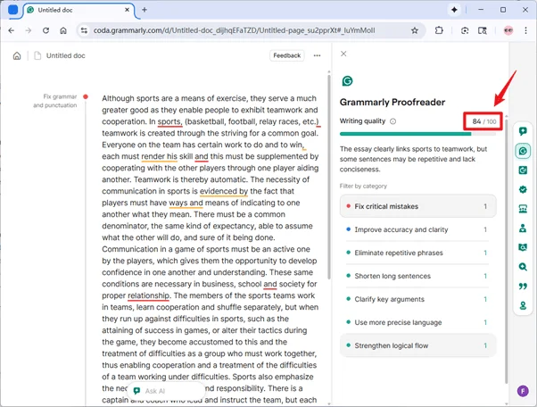 Grammarly Scoring AI Undetect AI Humanized Text Initial Version 84