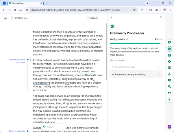 Grammarly Scoring Grubby AI Humanized Text Amended Version 95 