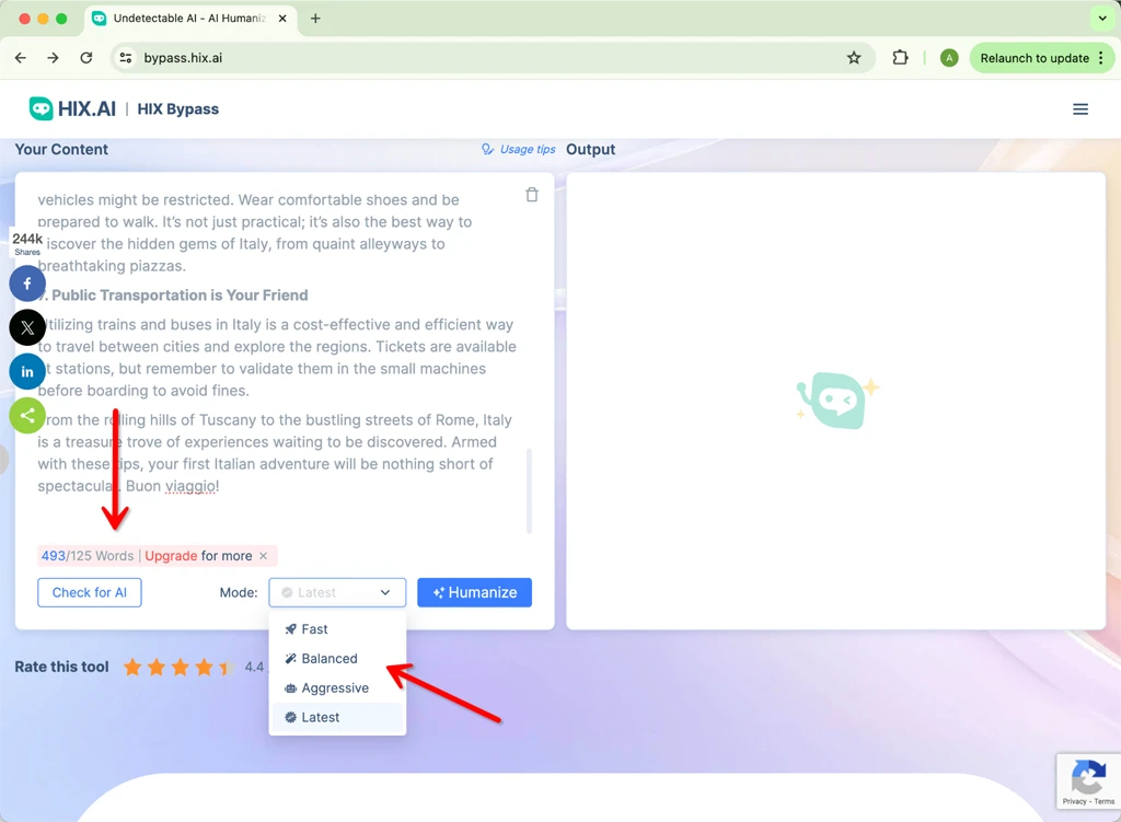 Opciones de Modo de HIX.AI Bypass Humanizer