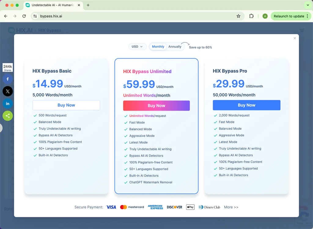 Prezzi Mensili HIX.AI Bypass Humanizer