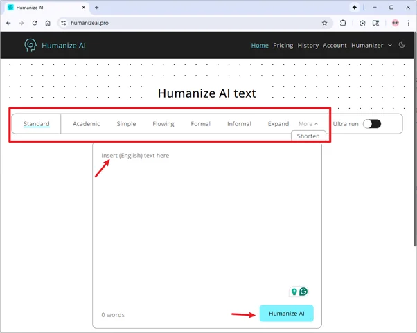 Humanize AI mode options  Humanize AI mode options
