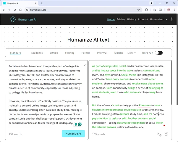 Humanize AI rewrites ChatGPT output The Impact of Social Media on College Life Humanize AI rewrites ChatGPT output The Impact of Social Media on College Life