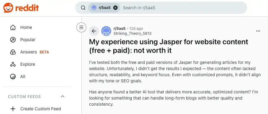 Jasper AI reddit user strikingtheory5613's feedback Jasper AI reddit user strikingtheory5613's feedback