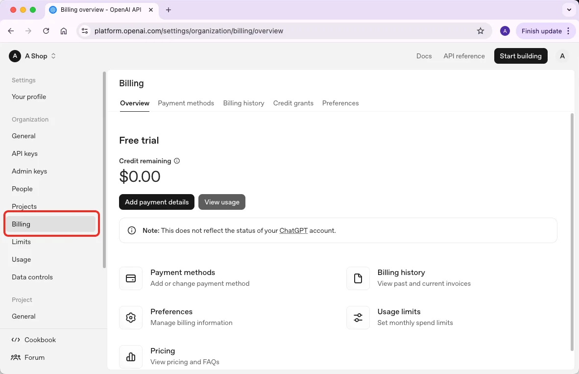 OpenAI Playground billing