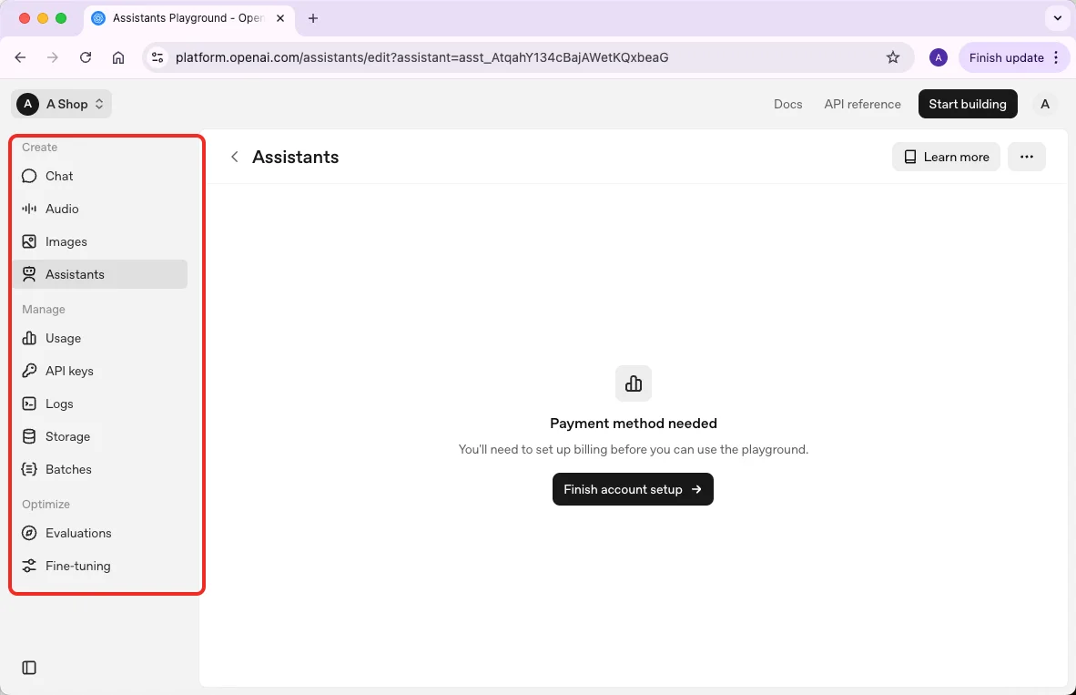OpenAI Playground sidebar