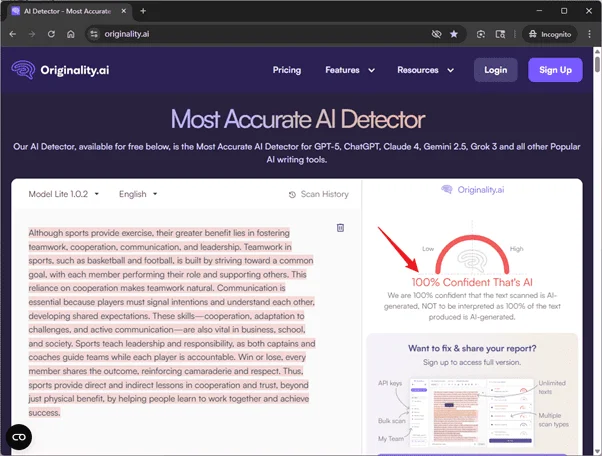 Originality ai scores grammatically-optimized AI Undetect humanized text 100% AI