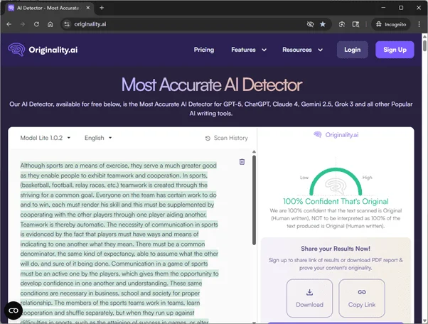 Originality ai scores the output of AI Undetect 0% AI
