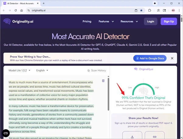 Originality ai 对 Grubby AI 的输出的评分为 1% AI