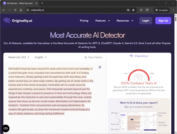 Originality ai scores the output of Tenorshare AI 100% AI Originality ai scores the output of Tenorshare AI 100% AI