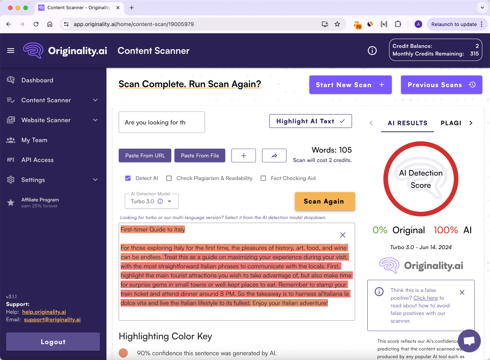 Calificación de Originality.ai de la Humanización de HIX.AI Bypass Versión Enmendada de Grammarly 100 por ciento IA