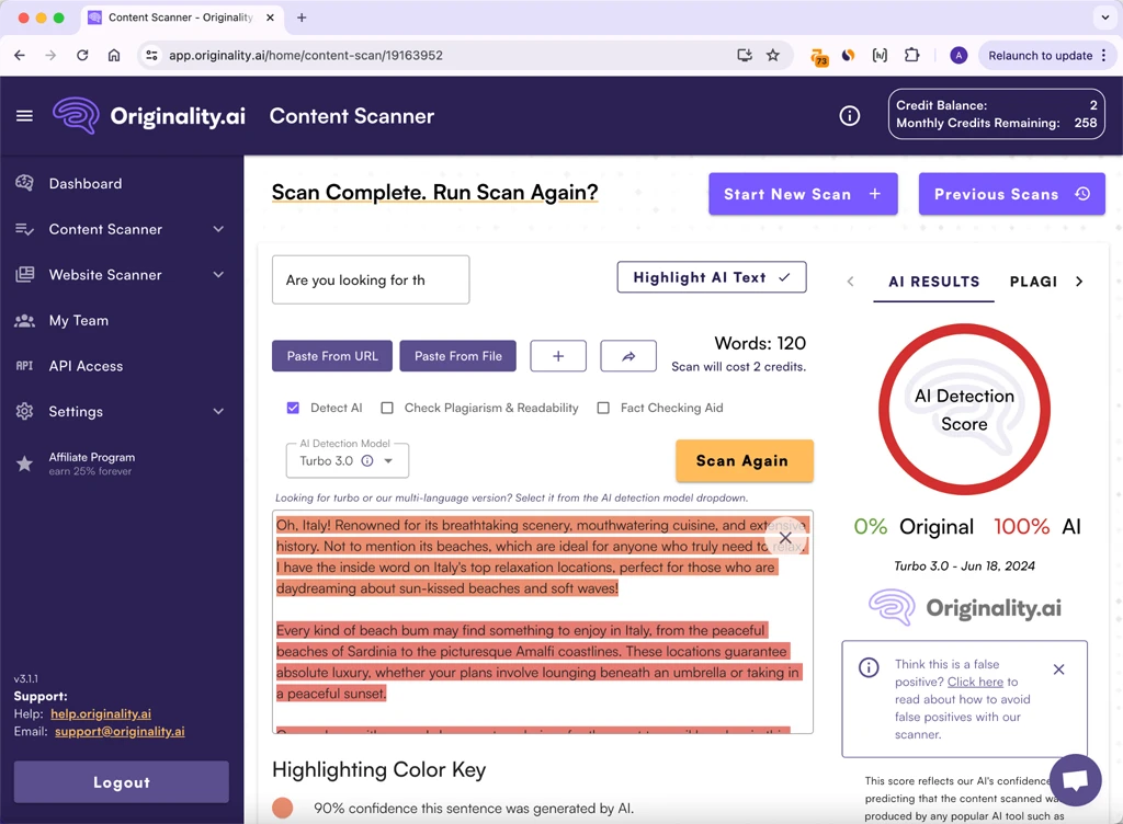 Punteggio Originality.ai sulla Produzione Iniziale del QuillBot 100% AI