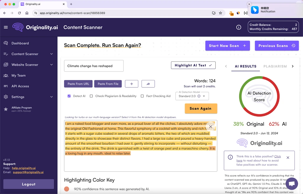 Originalityの出力はBypassGPTが人間化したChatGPTテキストの62%がAIであることを示しています