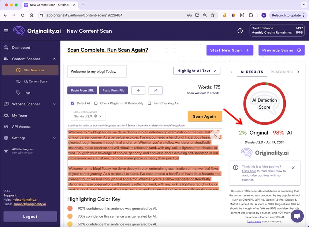 Pontuação de Originalidade de Saída do Bypass AI Versão Alterada Grammarly 98 Porcento IA