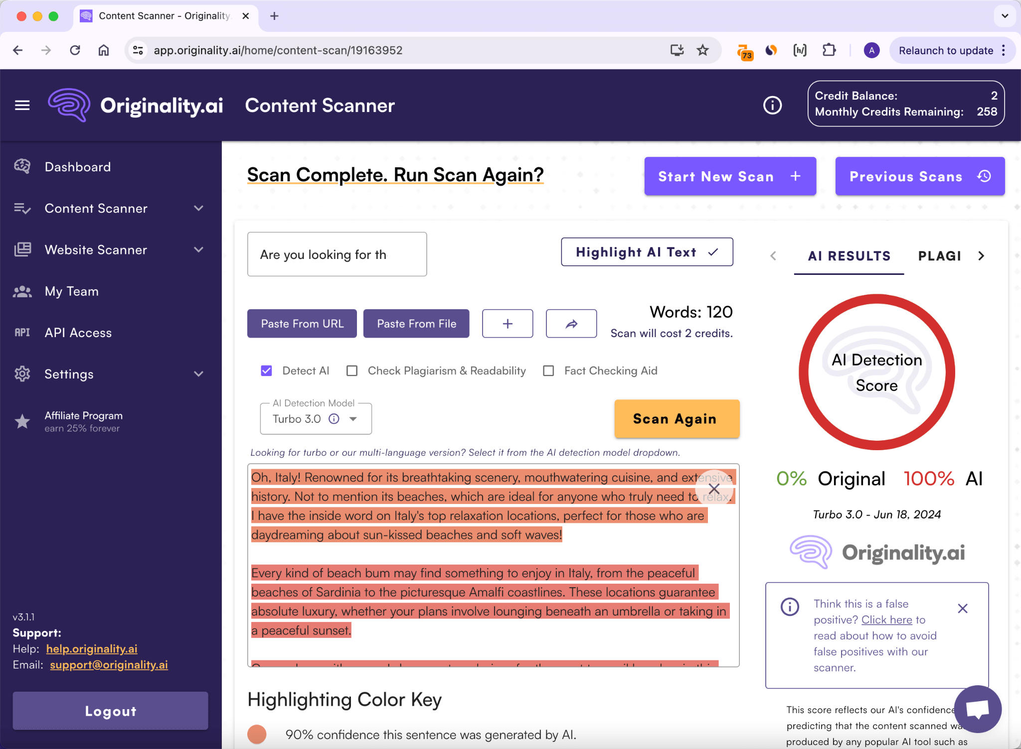 Punteggio Originality.ai sulla Produzione Iniziale del QuillBot 100% AI