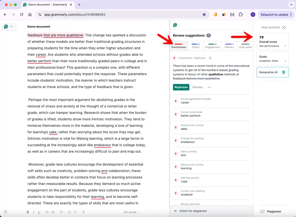 Phrasly.ai Humanisierungsausgabe Grammarly Gesamtnote 79