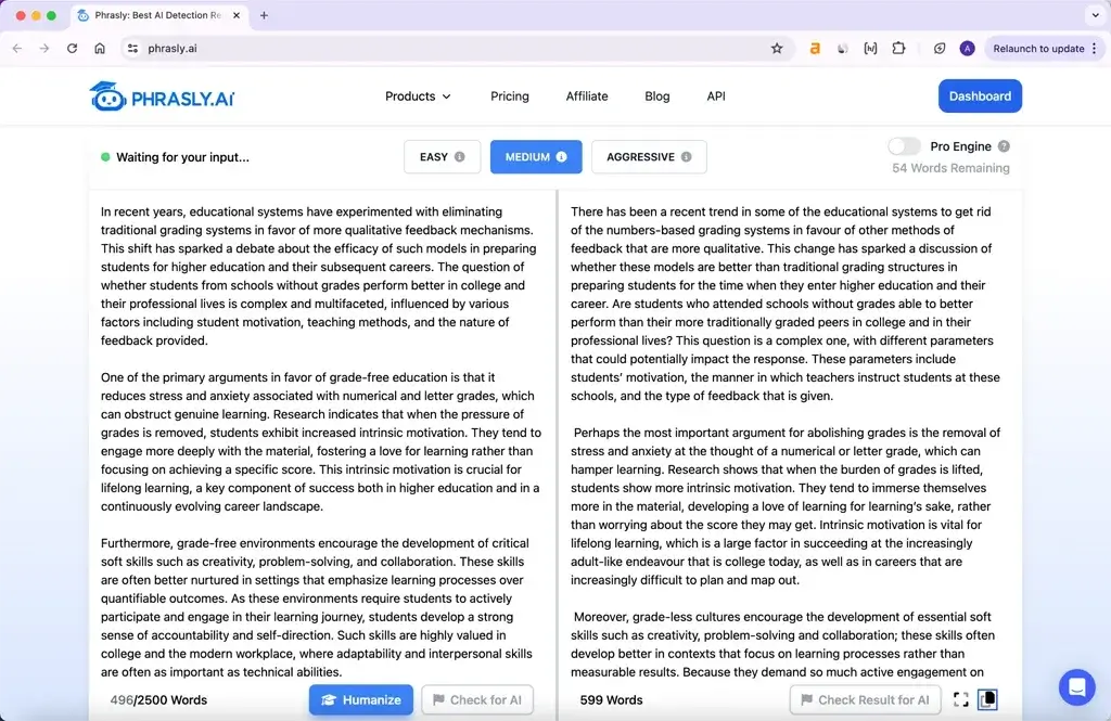 Phrasly.ai Humanisierung der ChatGPT-4 Text-Ergebnisse