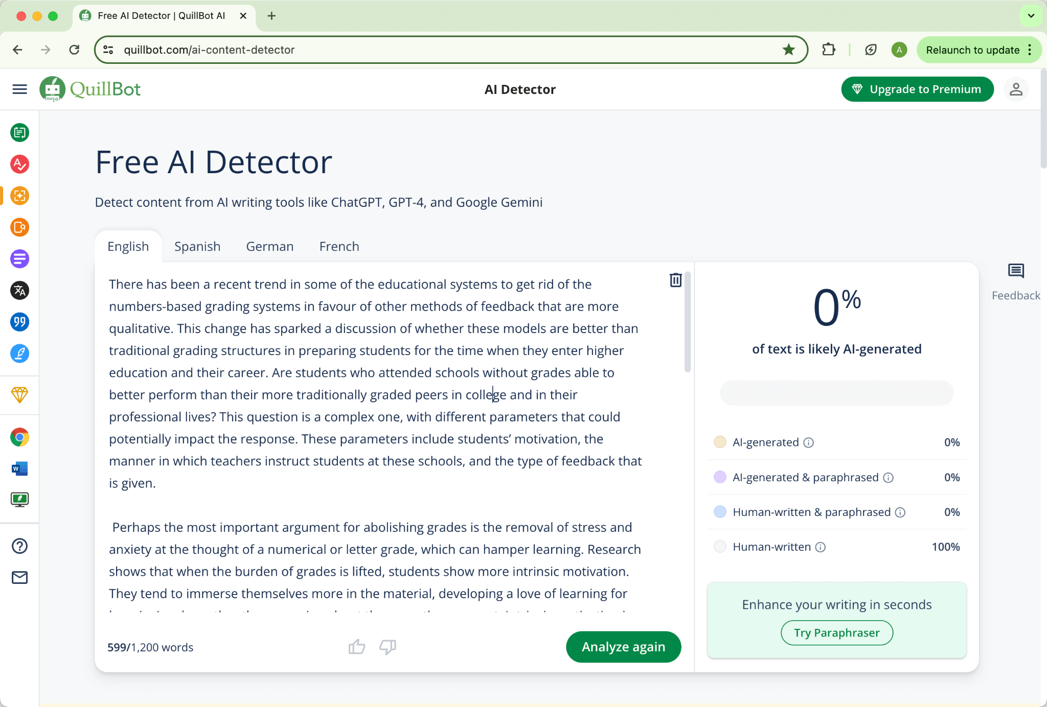 Quillbot KI-Score der Phrasly.ai-Humanisierung Initial Output 0 Prozent KI