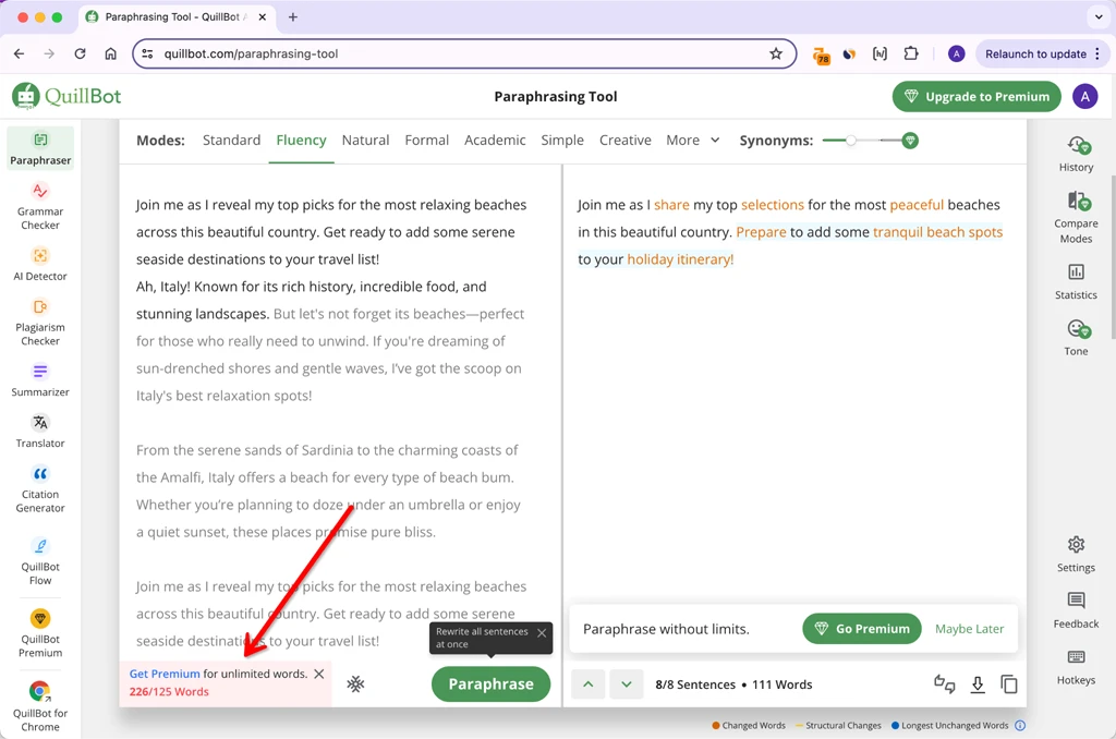Limite di input della versione gratuita dello strumento di parafrasi di QuillBot