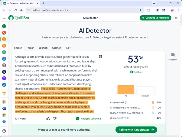 Quillbot scores grammatically-optimized AI Undetect humanized text 53% AI