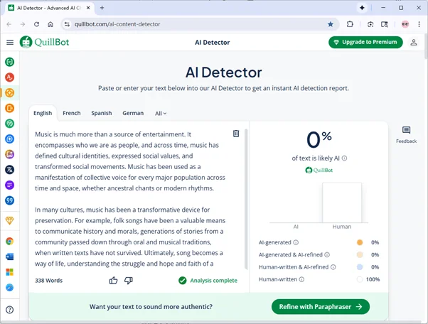 Quillbot scores grammatically-optimized Grubby AI humanized text 0% AI
