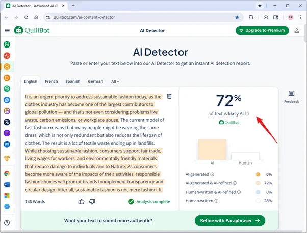Quillbot scores grammatically-optimized Humbot AI humanized text 72% AI  Quillbot scores grammatically-optimized Humbot AI humanized text 72% AI