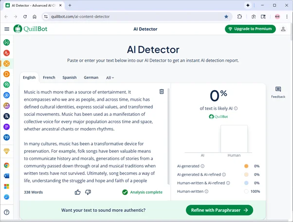 Quillbot 对 Grubby AI 的输出的评分为 0% AI