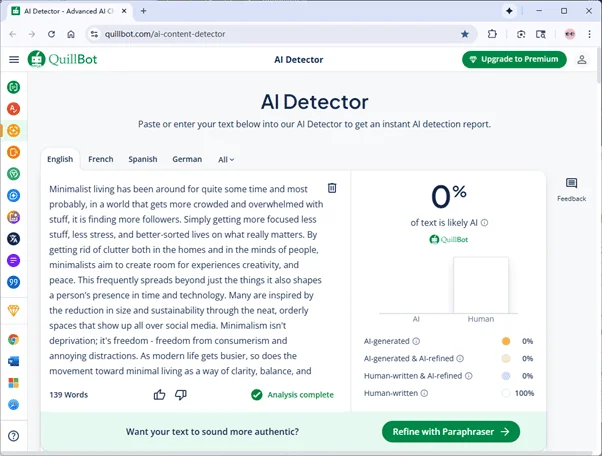 Quillbot scores the output of Tenorshare AI 0% AI Quillbot scores the output of Tenorshare AI 0% AI