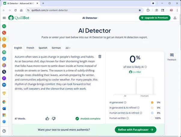 Quillbot scores the output of uPass AI 0% AI Quillbot scores the output of uPass AI 0% AI