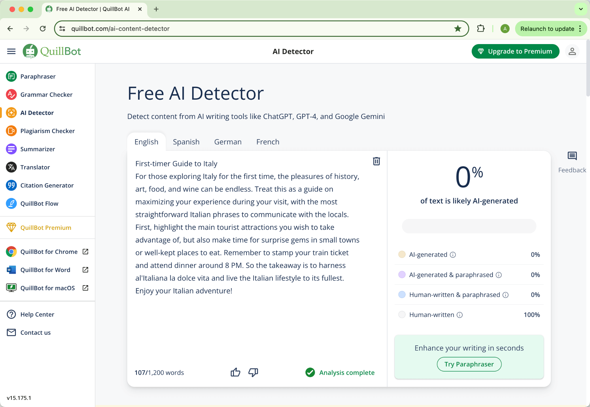 Calificación de Quillbot de la Humanización de HIX.AI Bypass Versión Enmendada de Grammarly 0 por ciento IA