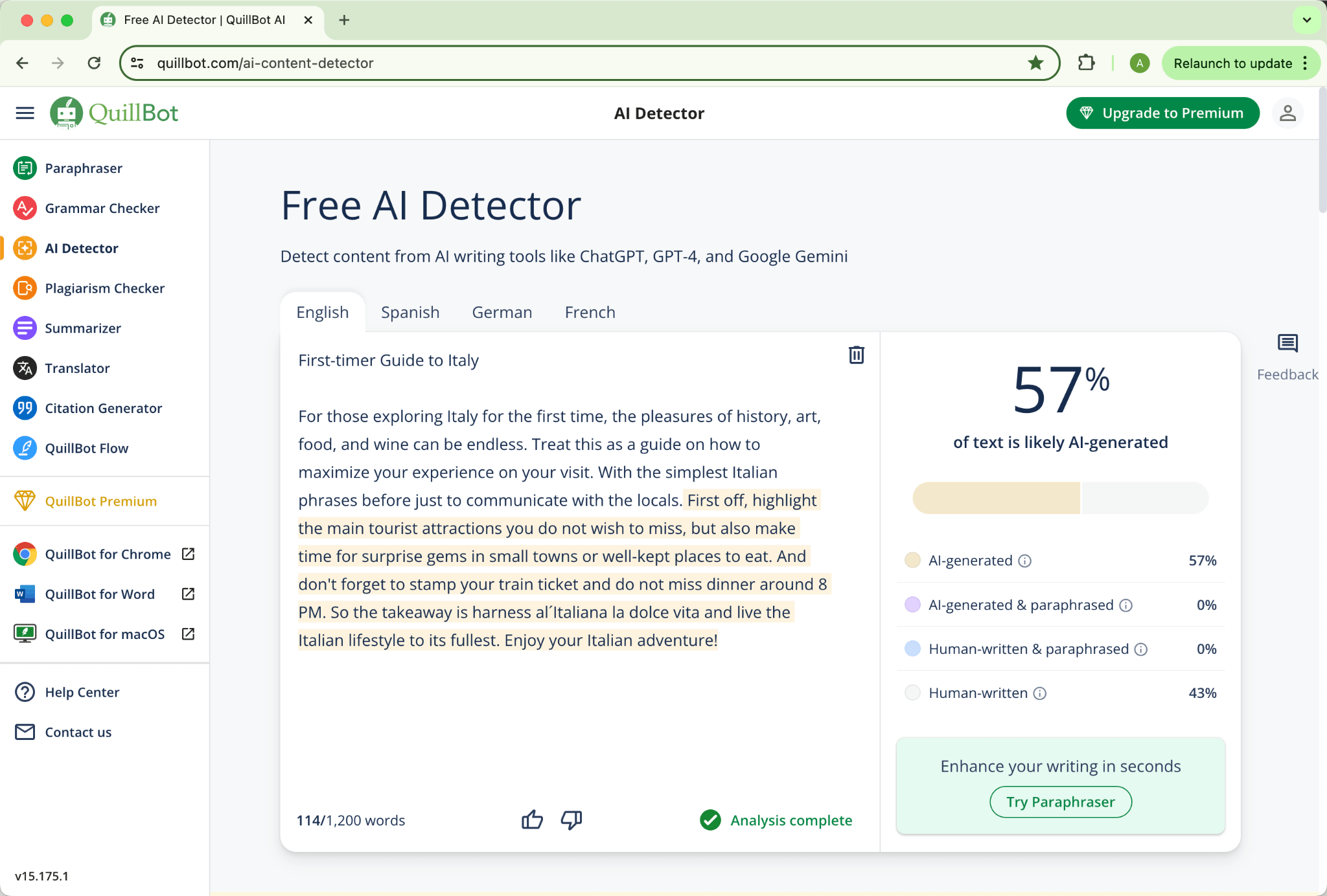 Calificación de QuillBot de Humanización HIX.AI Bypass Salida Inicial 57 Puntuación AI