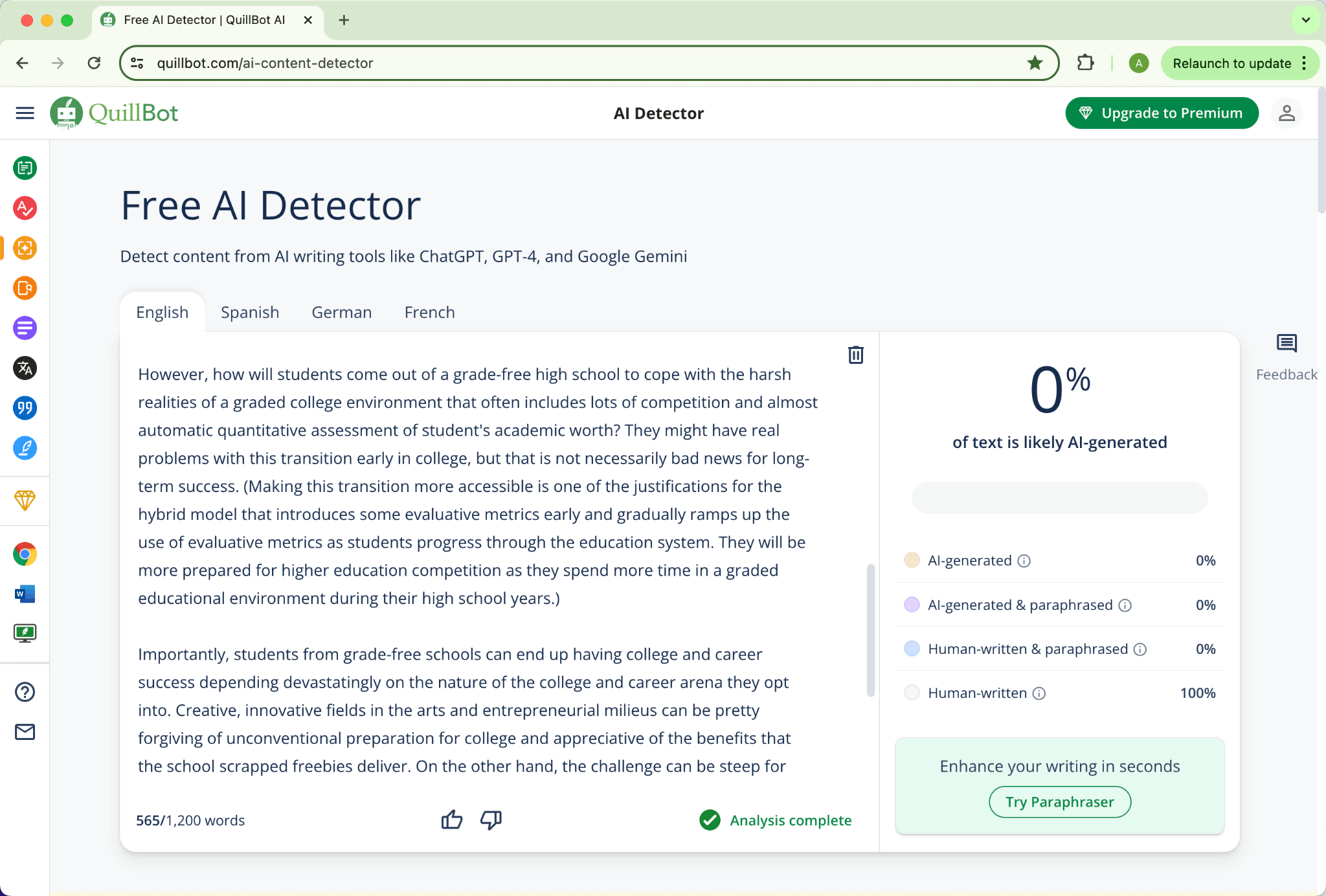Quillbot Bewertung Phrasly.Ai Humanisierung Grammarly Geänderte Version 0 Prozent AI