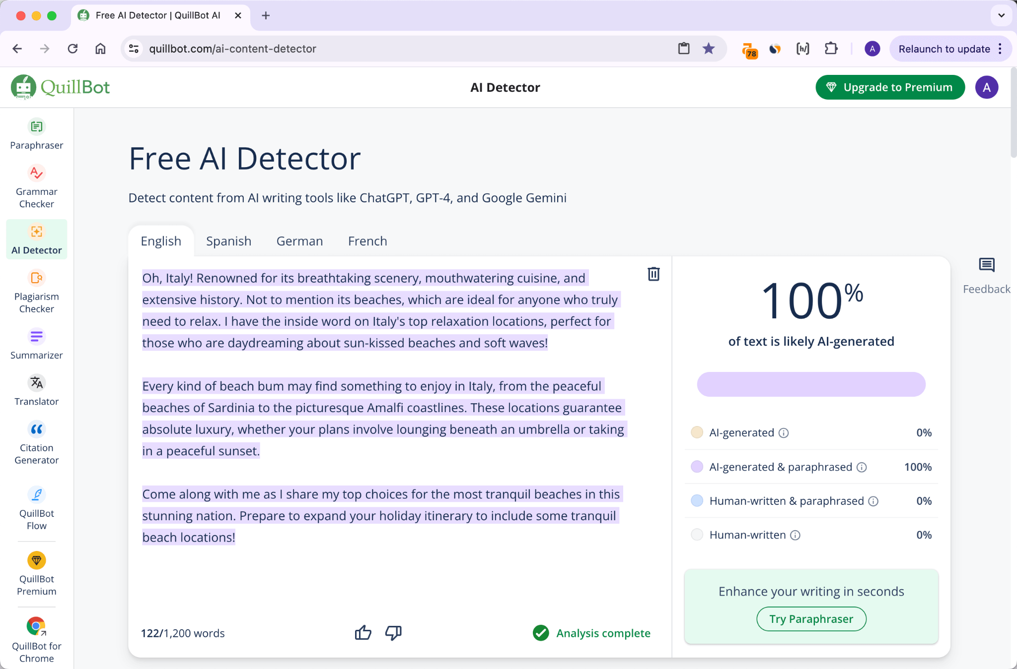 Punteggio del Quillbot sulla Produzione Iniziale del QuillBot 100% AI