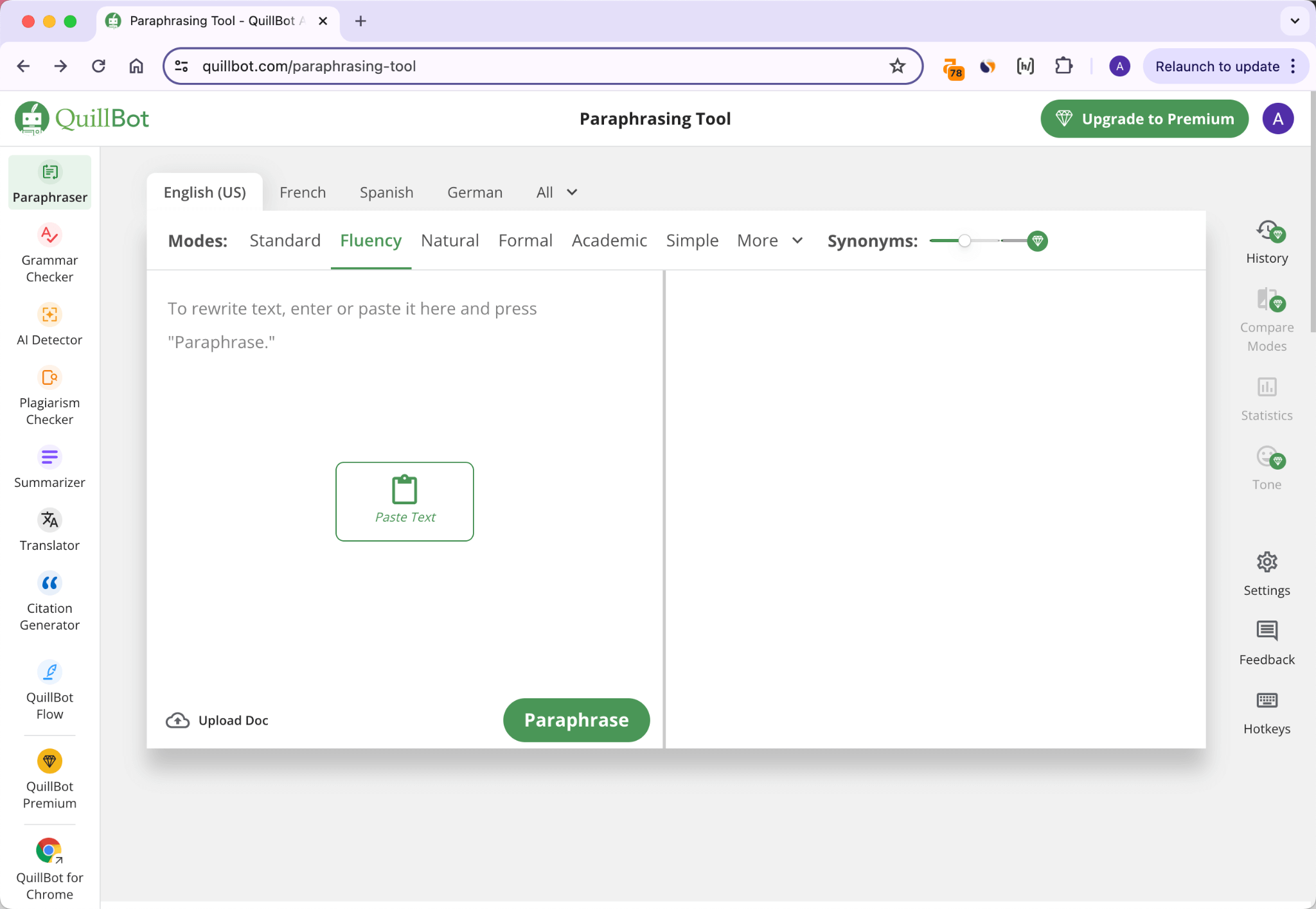Schermata Iniziale dello Strumento di Parafrasi di QuillBot.com