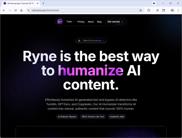 Ryne AI humanizer page Ryne AI humanizer page