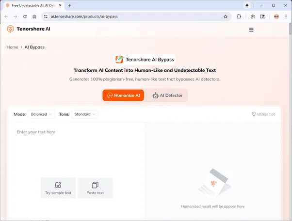 Tenorshare AI humanizer page Tenorshare AI humanizer page