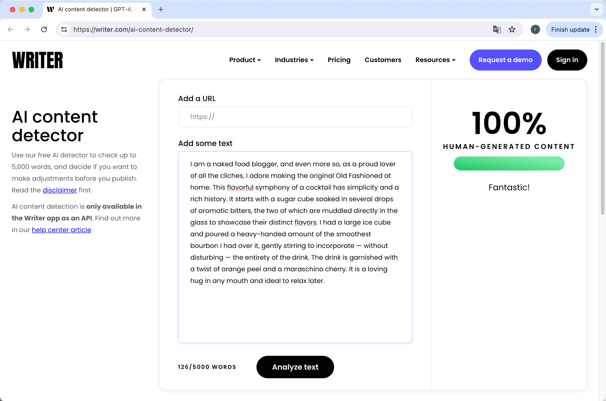 WriterによるBypassGPT出力のGrammarly修正版スコア 0％ AI