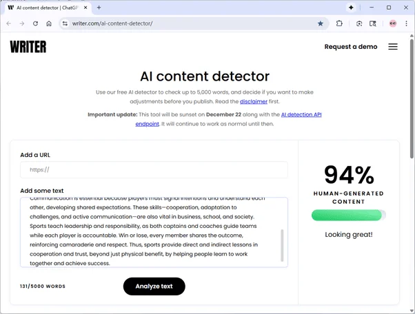 Writer scores grammatically-optimized AI Undetect humanized text 6% AI