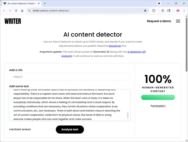 Writer scores the output of AI Undetect 0% AI