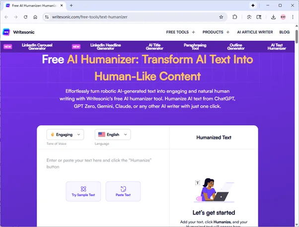 Writesonic AI humanizer page Writesonic AI humanizer page