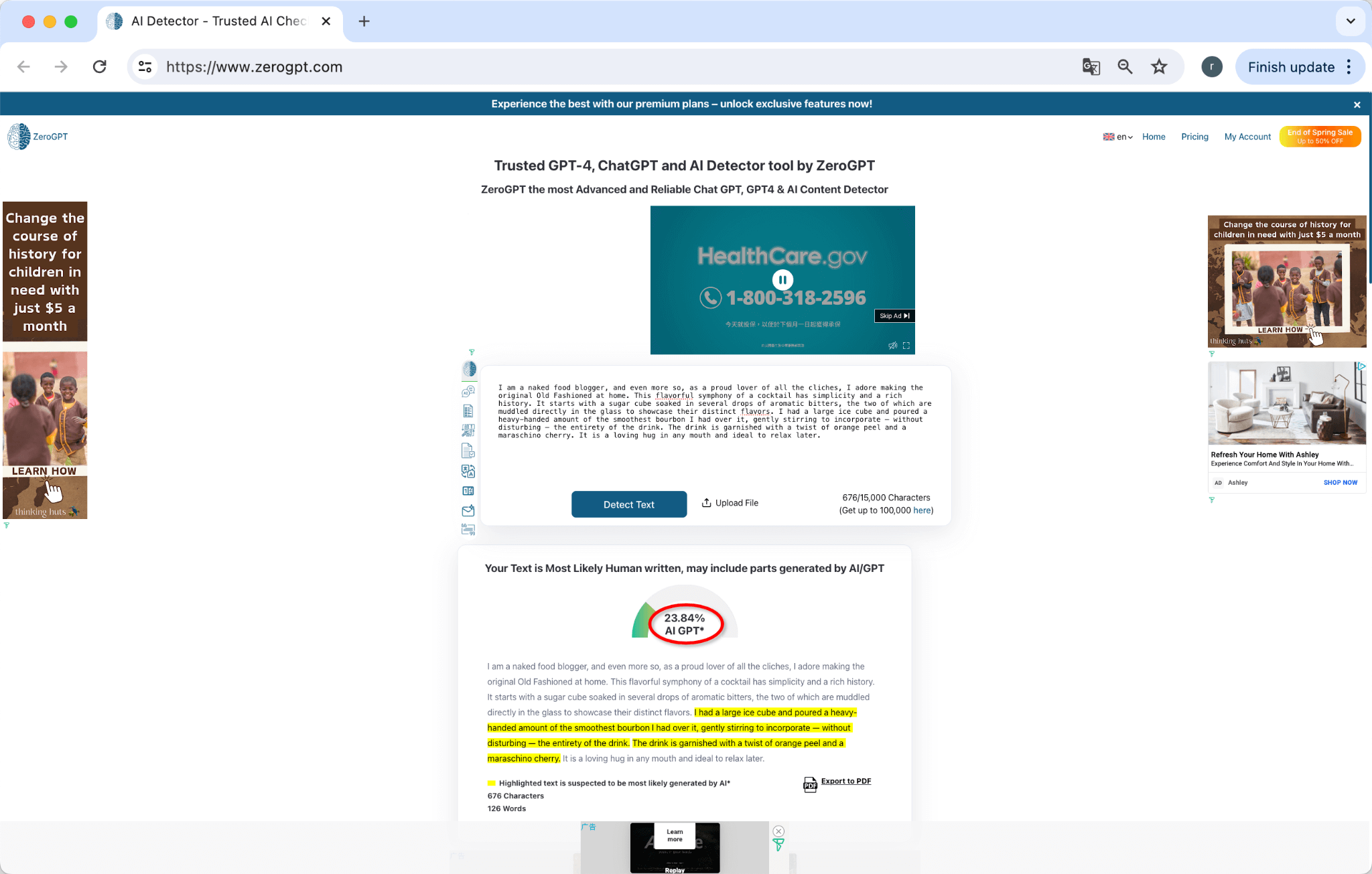 ZeroGPTによるBypassGPT出力のGrammarly修正版スコア 23.84％ AI
