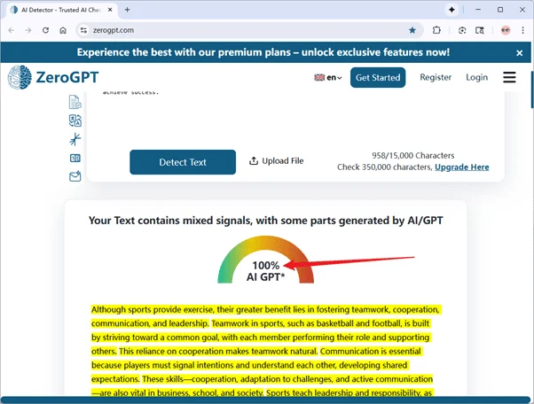 ZeroGPT scores grammatically-optimized AI Undetect humanized text 100% AI