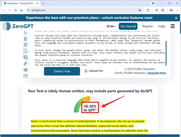 ZeroGPT scores grammatically-optimized Grubby AI 50% AI