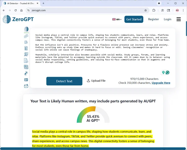 ZeroGPT scores grammatically-optimized Humanize AI humanized text 55 percent AI ZeroGPT scores grammatically-optimized Humanize AI humanized text 55 percent AI
