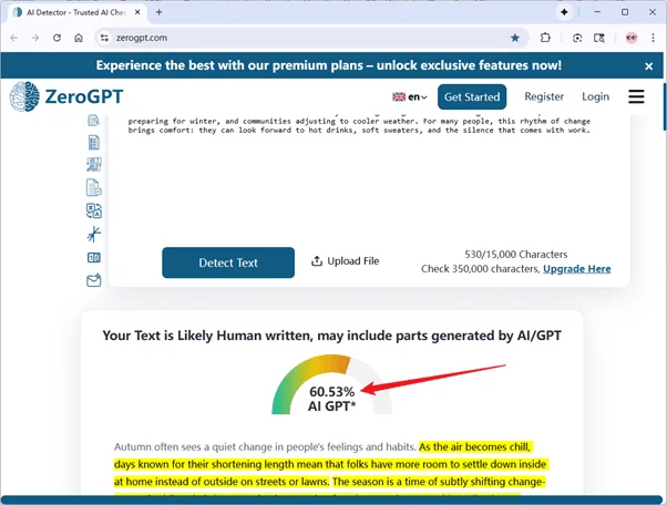 ZeroGPT scores grammatically-optimized uPass AI humanized text 61% AI ZeroGPT scores grammatically-optimized uPass AI humanized text 61% AI