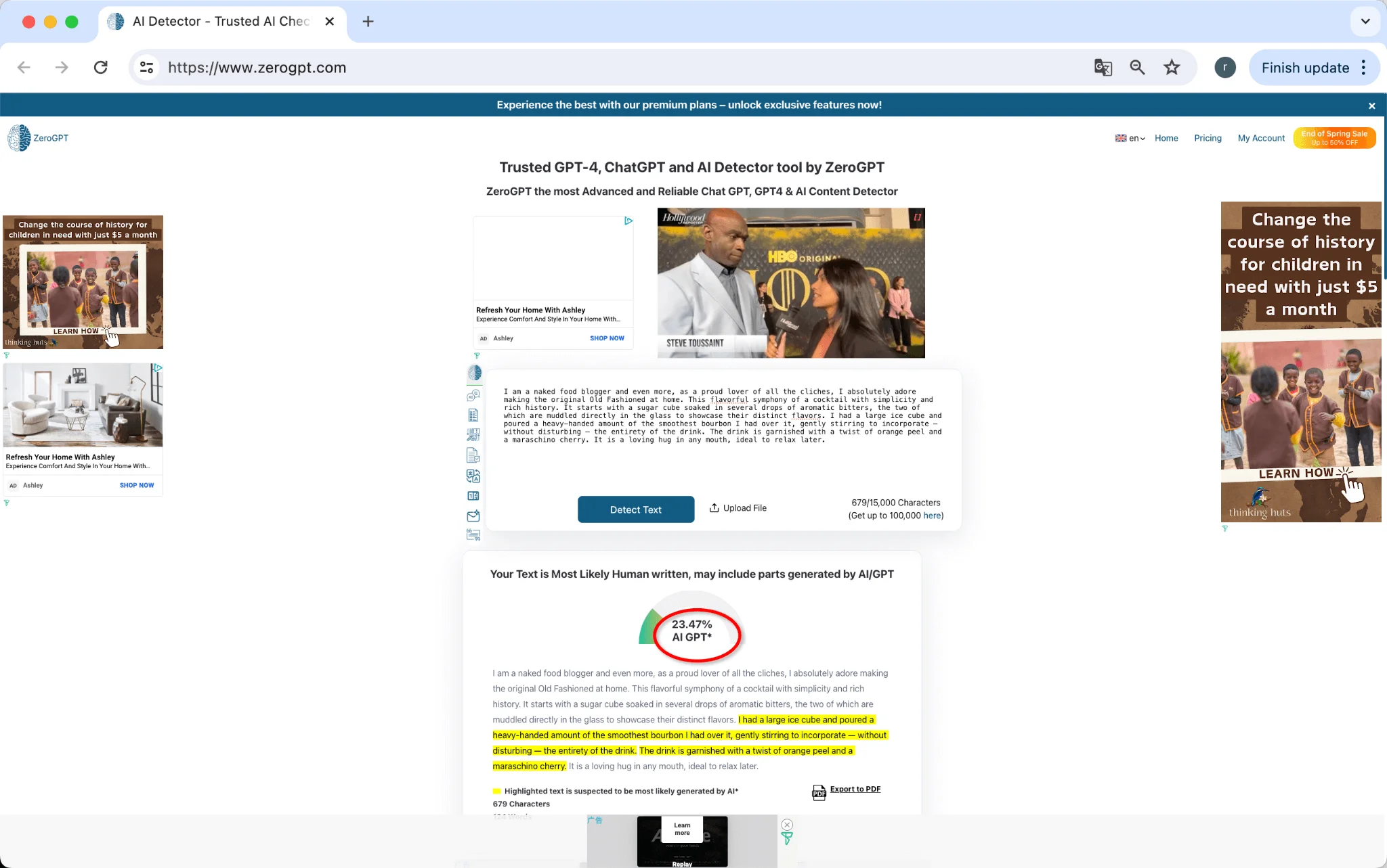 ZeroGPTの出力はBypassGPTが人間化したChatGPTテキストの23.47%がAIであることを示しています