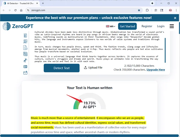ZeroGPT 对 Grubby AI 的输出的评分为 19% AI