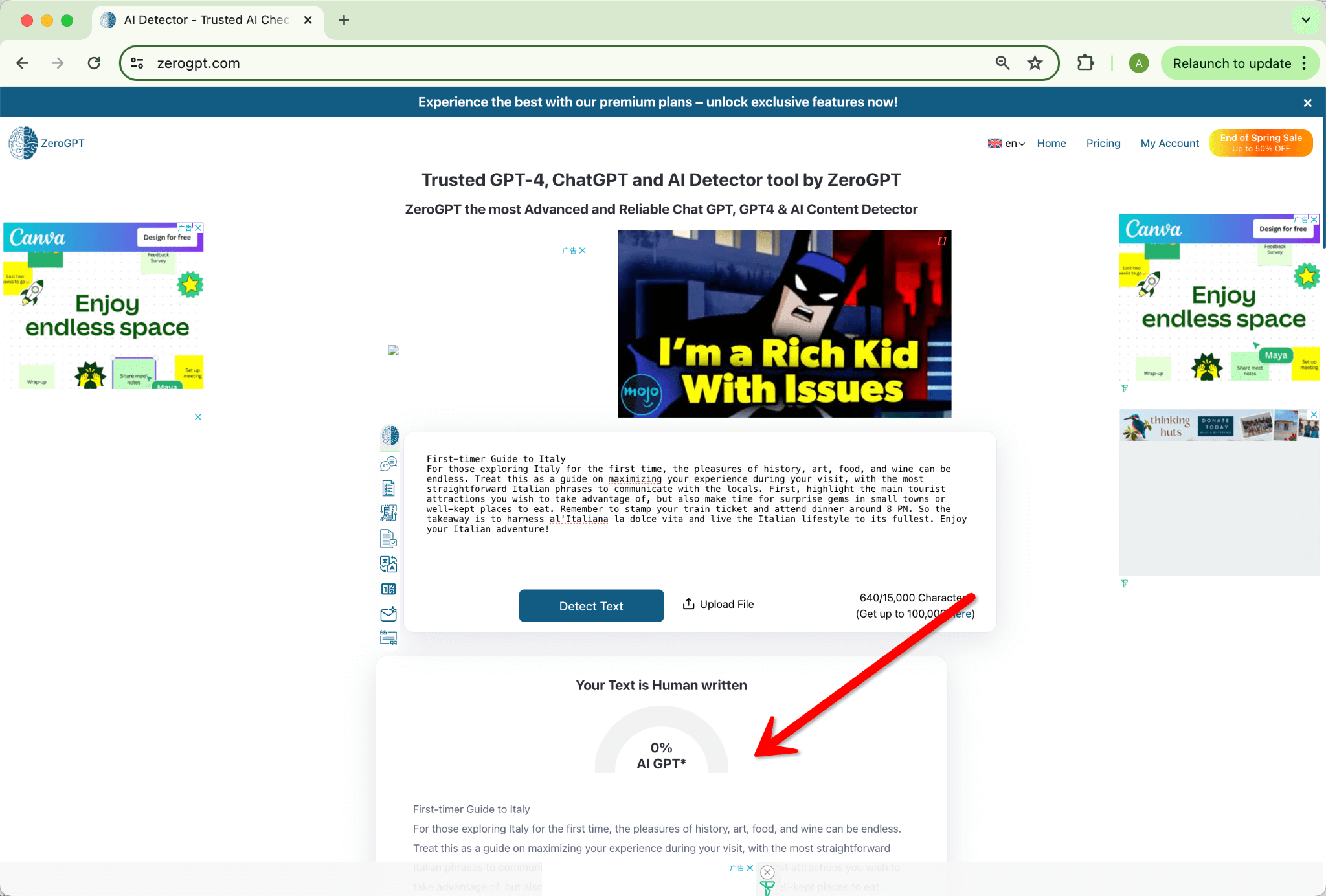 Calificación de ZeroGPT de la Humanización de HIX.AI Bypass Versión Enmendada de Grammarly 0 por ciento IA