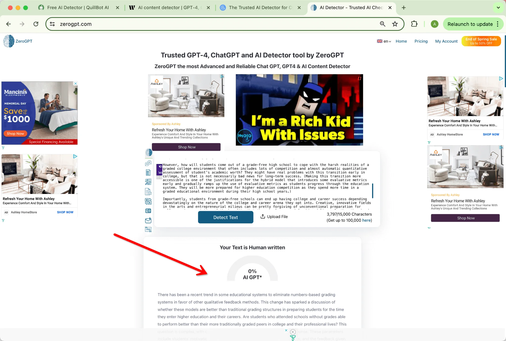 ZeroGPT Bewertung Phrasly.Ai Humanisierung Grammarly Geänderte Version 0 Prozent AI